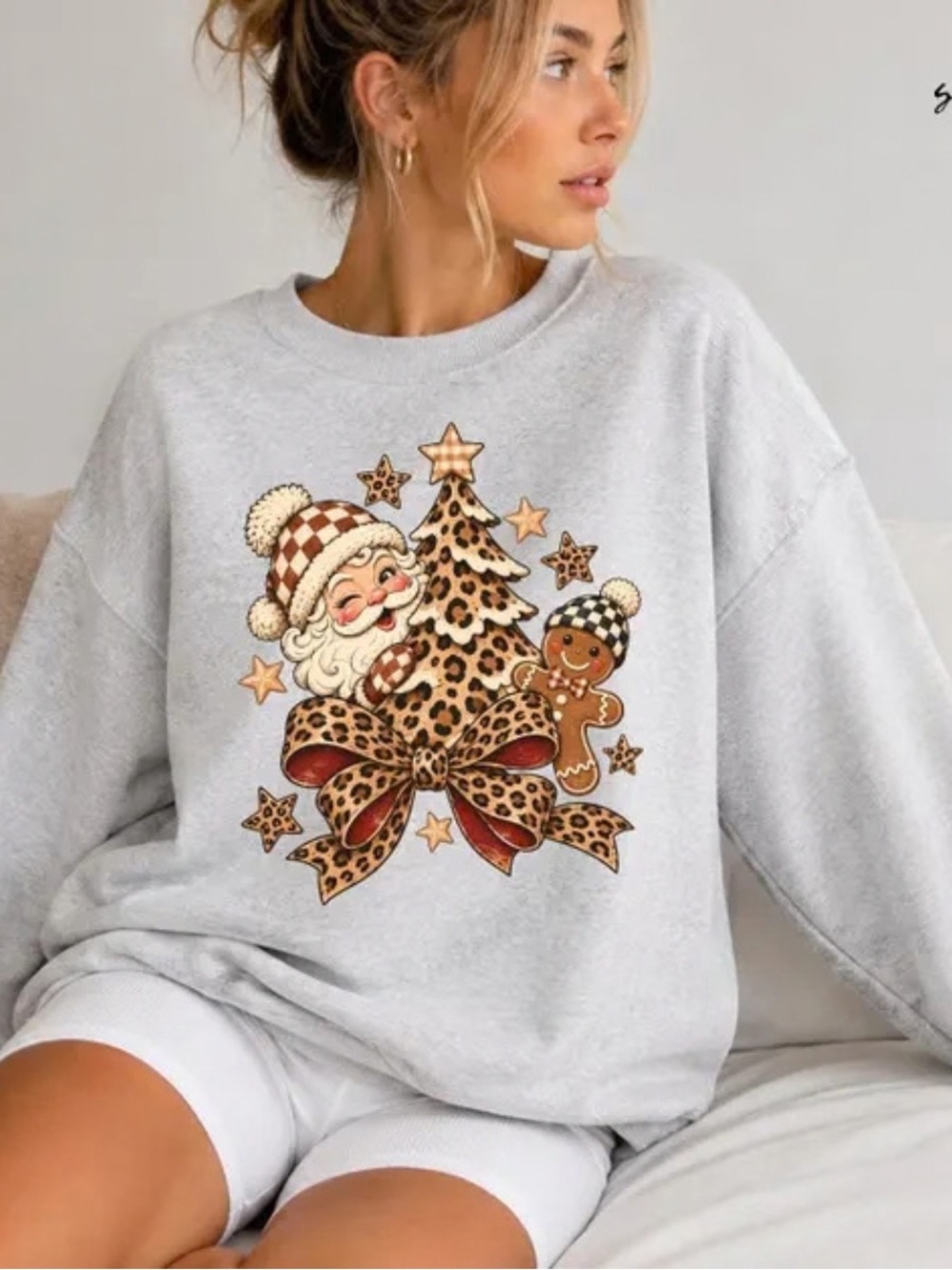 Gildan Grey Christmas Sweatshirt with Leopard Santa & Gingerbread Graphic